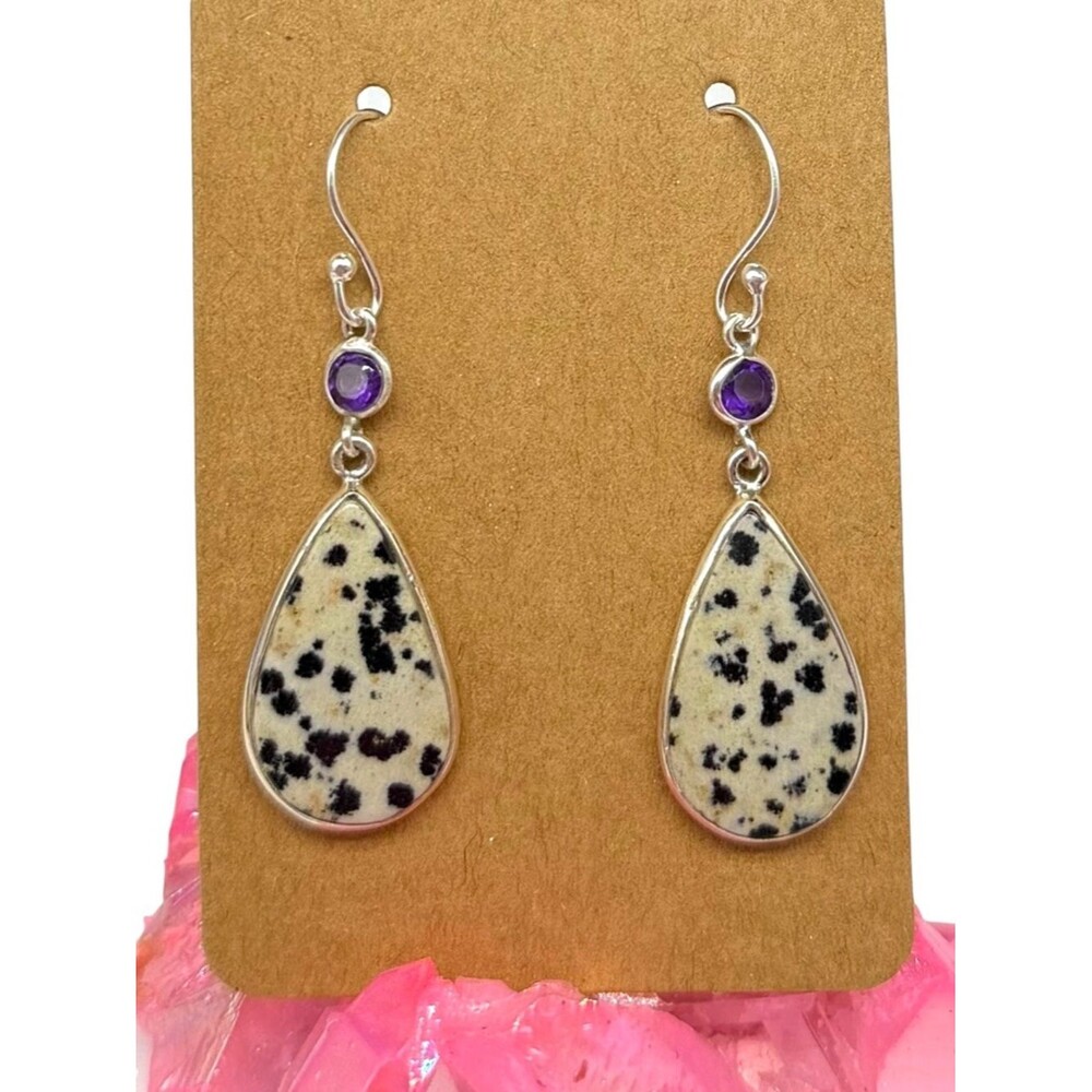 Dalmatian Jasper Amethyst Earrings Solid 925 Sterling Silver